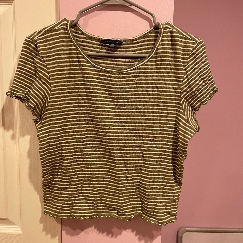 American Eagle Green Stripped Cropped Tee